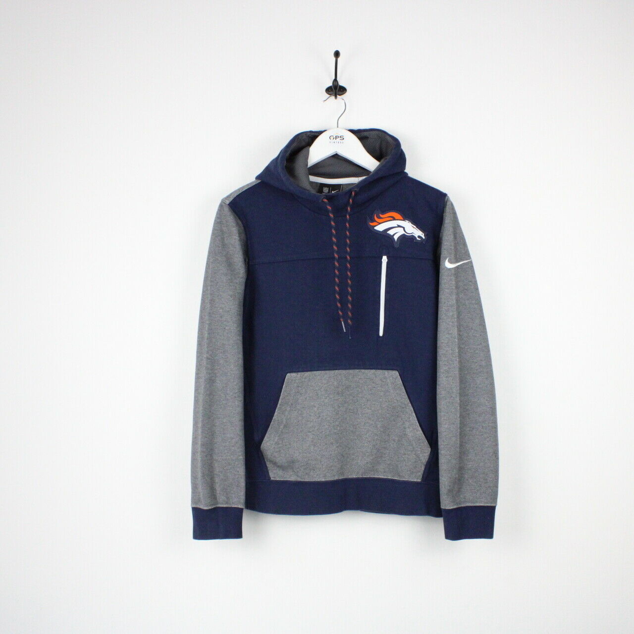 Denver Broncos Pullover Hoodie Embroidered Logo Blue Size Large